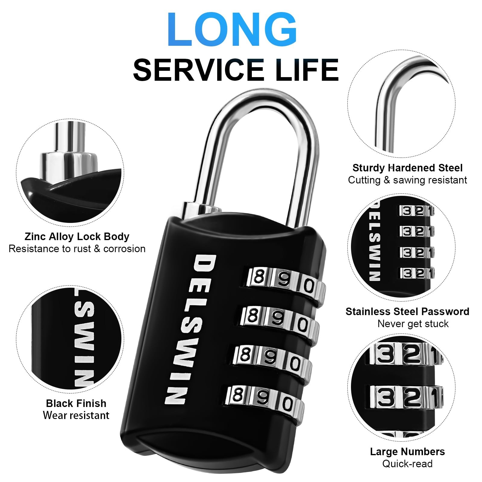 DELSWIN Small Combination Lock for Locker, 4-Digit 4 Pieces, Charcoal Black