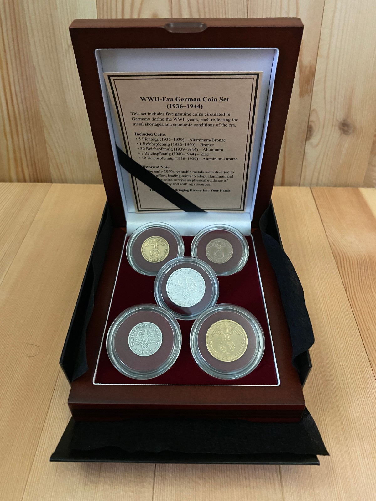 WWII German Coin Set 1936–1944 in Premium Wood Display Box – 5 Genuine Coins