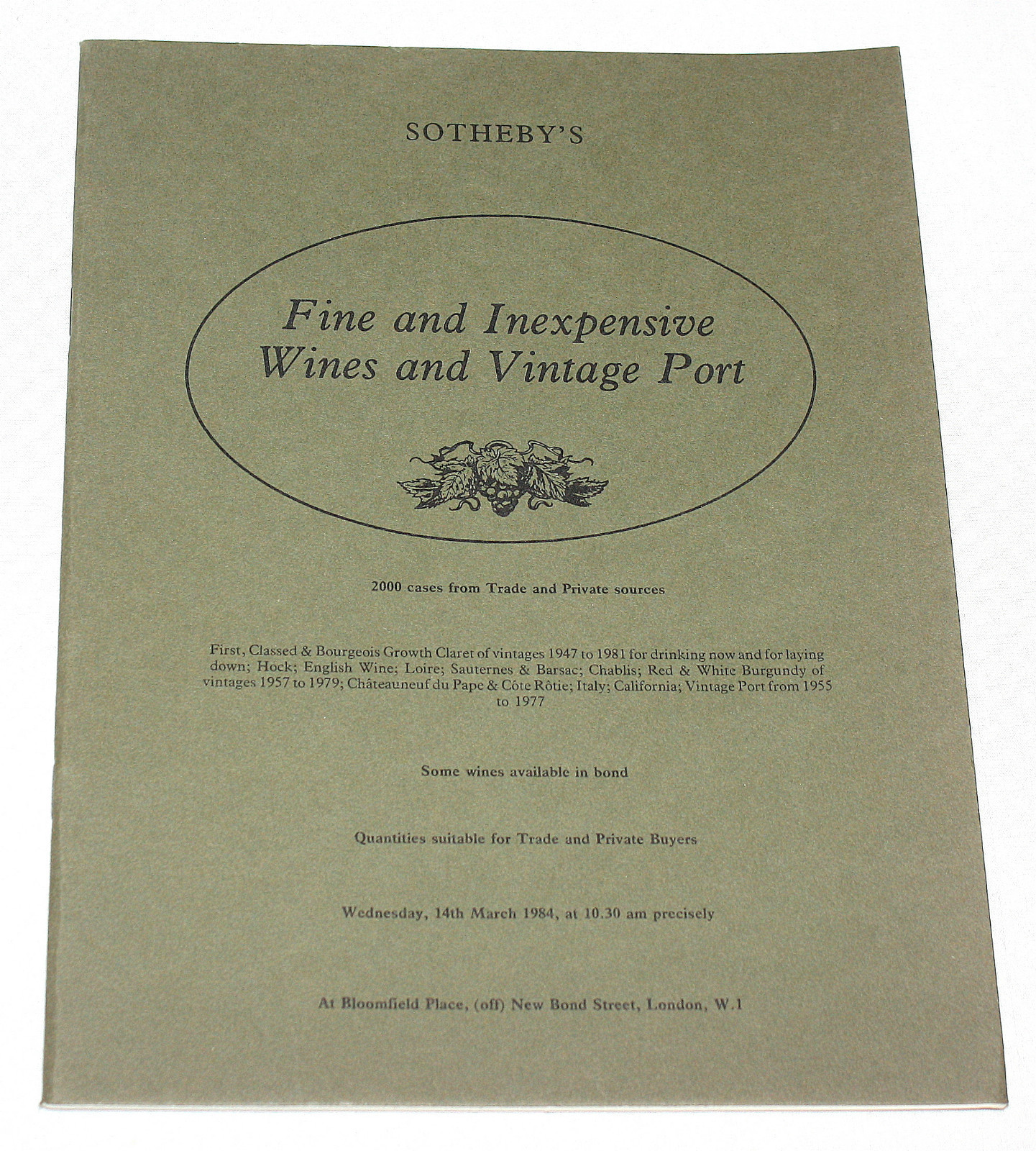 Sothebys Catalogue Catalog Fine & Inexpensive Wines & Vintage Port 14 March 1984