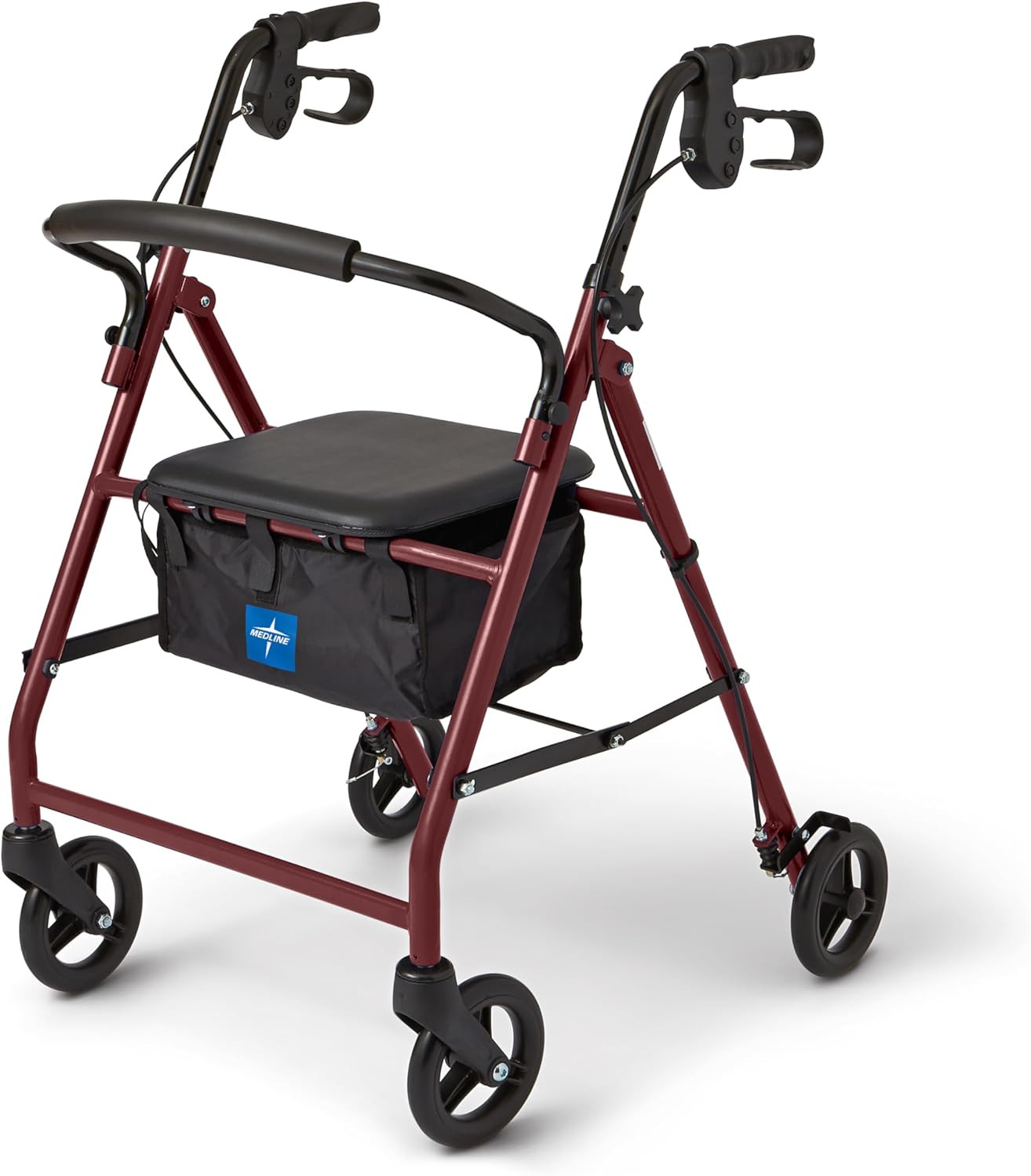 Steel Rollator Walker for Adult Mobility Impairment, Burgundy, 350 Lb. Weight Ca