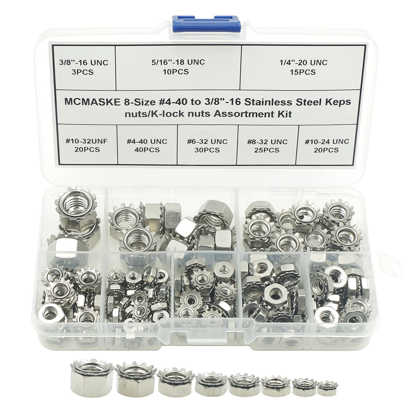 Stainless Steel Keps Nuts & K-Lock Nut Assortment Kit - Hex Nuts with Washers, 4