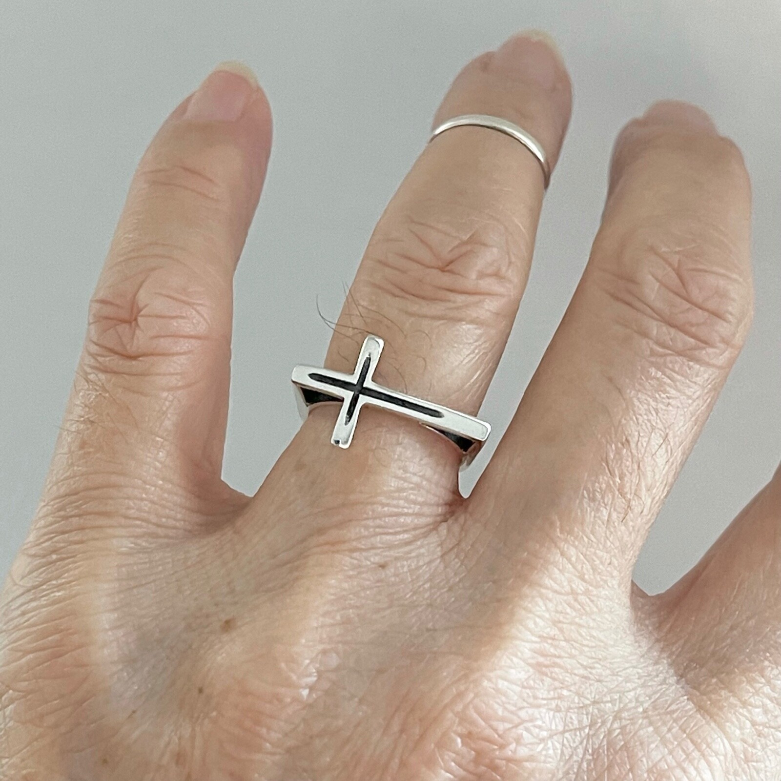 Sterling Silver Unisex Large Sideway Cross Ring, Religious Ring, Silver Rings