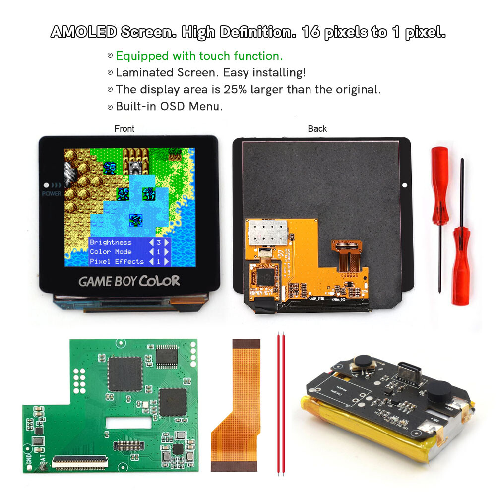 OLED Screen Touch Laminated Screen Kit & Case With Type-C Batteries For GBC