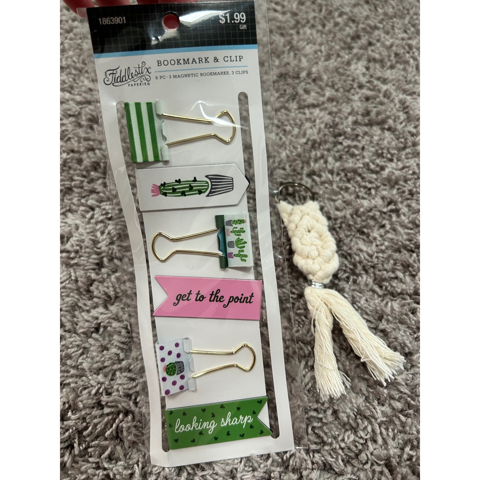 Fiddlestix Paperie Cactus Magnetic Bookmarks Binder Clips & Macrame Keychain Set