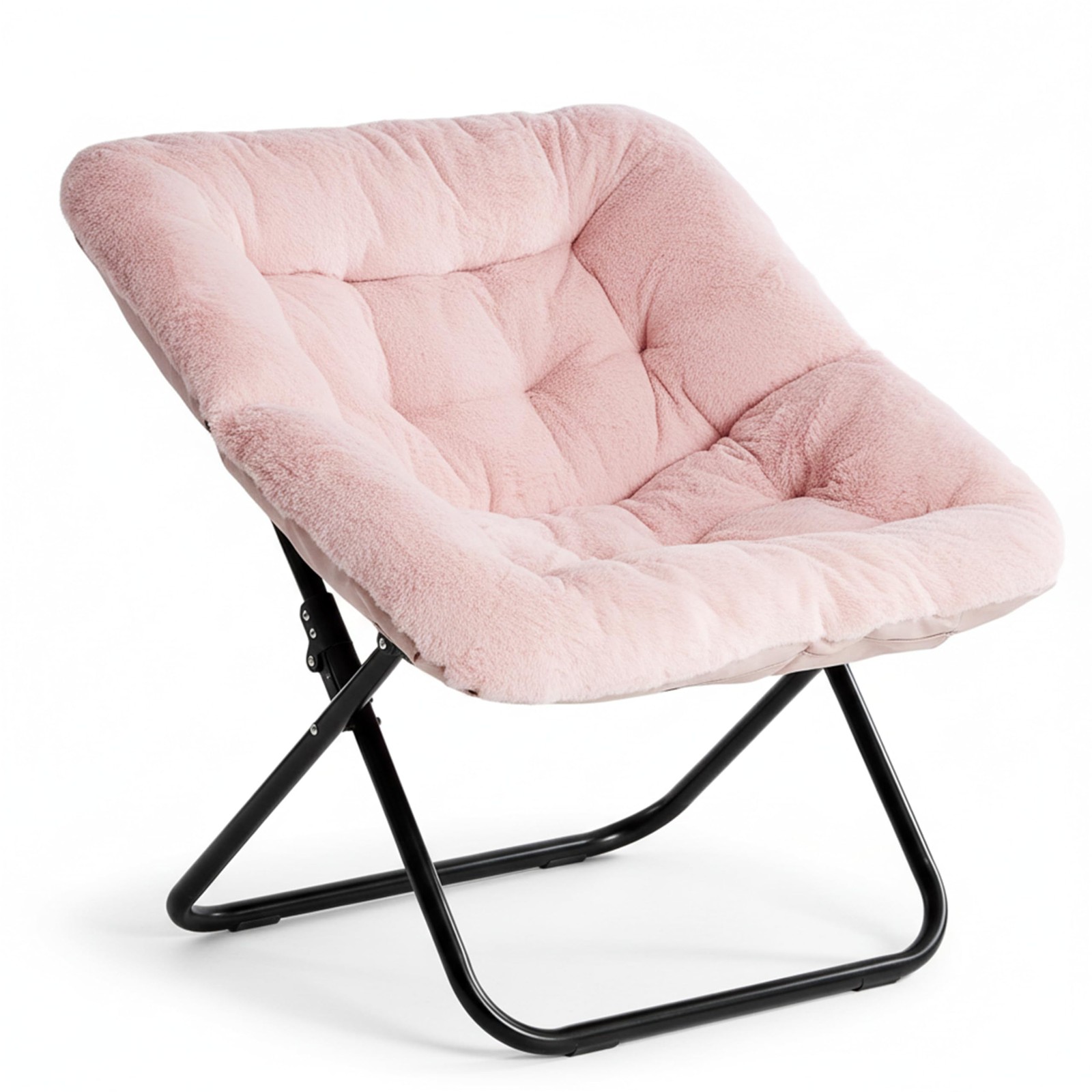 Large Saucer Chair for Adults Oversized Folding Faux-Fur Metal Lounge Chair Pink