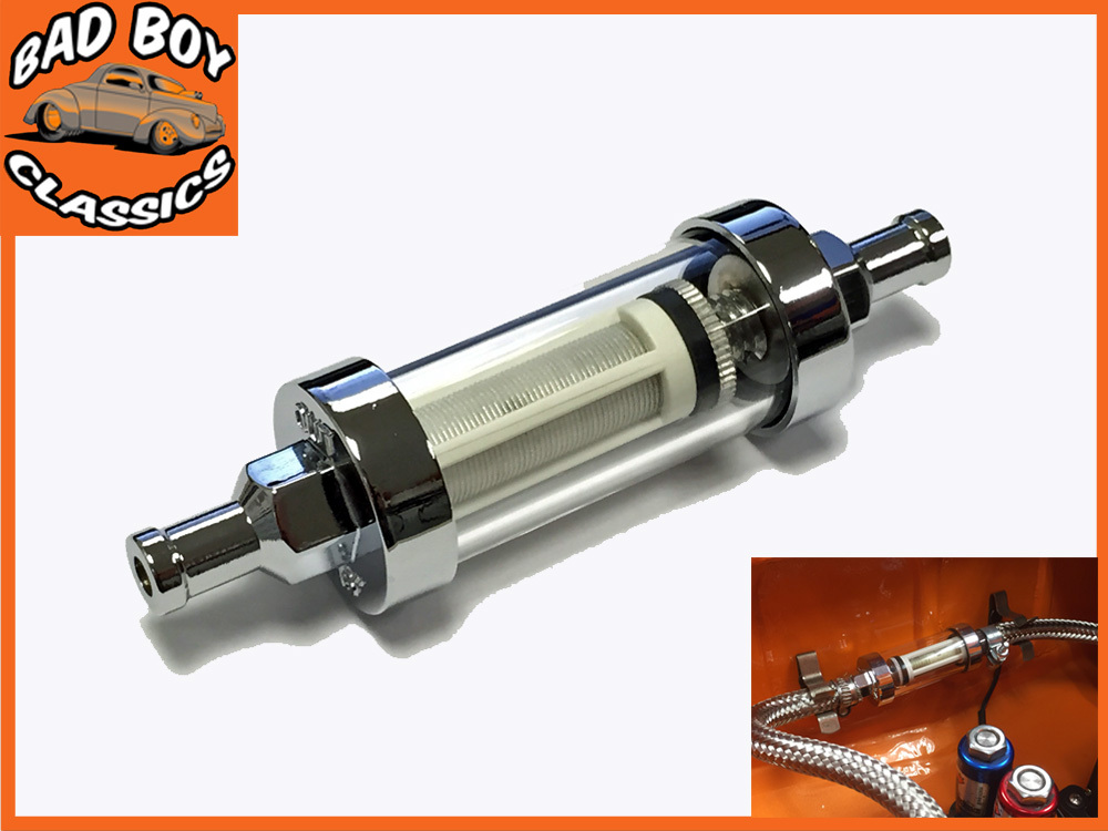 UNIVERSAL 6mm / 1/4" Real Glass Chrome Plated Fuel Petrol Diesel Filter