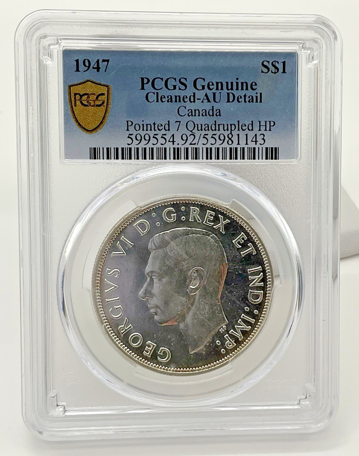 1947 Canada Silver $ AU Cleaned PCGS Poinhedn7 Quadrupled HP