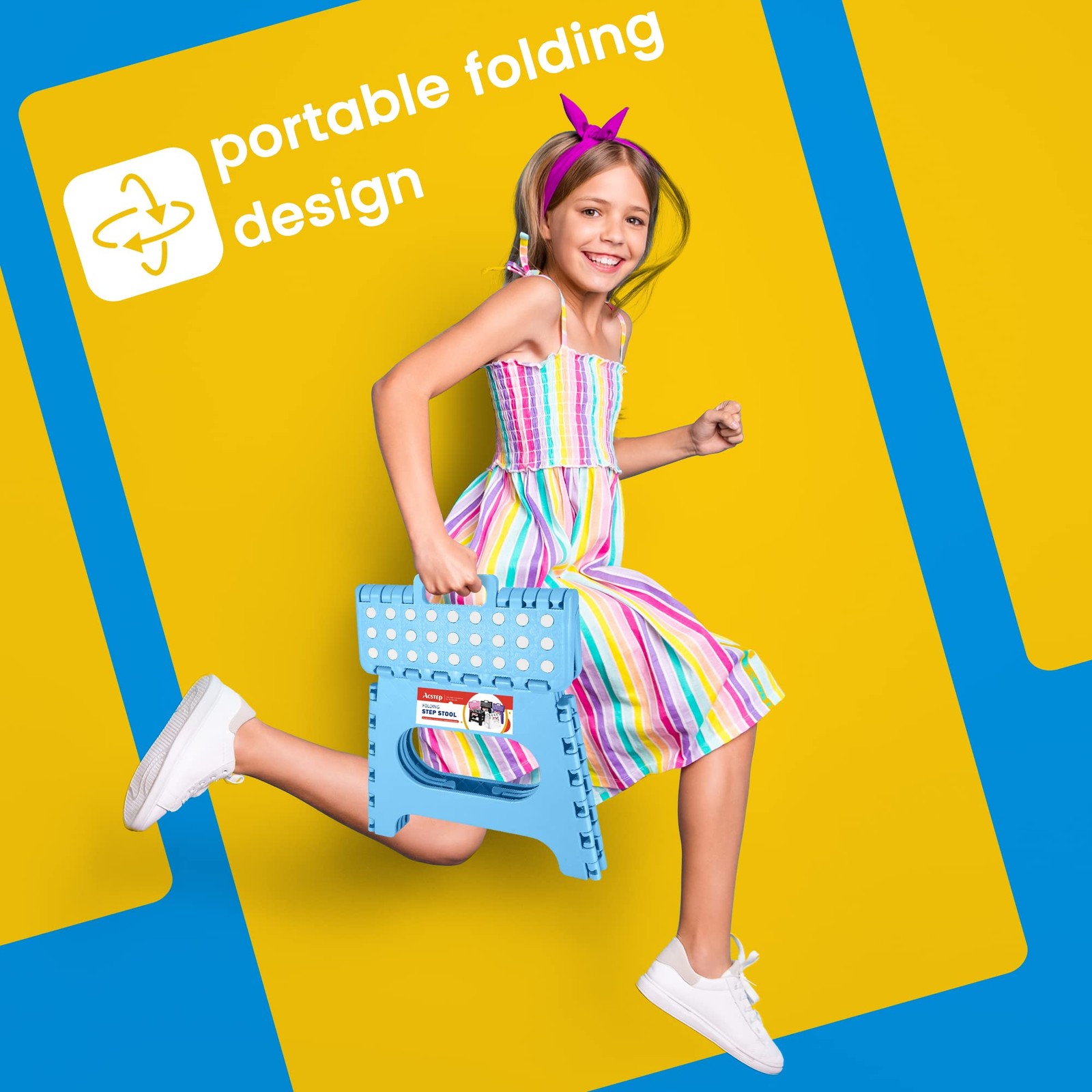 Folding Step Stool 11 Inch Height Lightweight Plastic Collapsible Blue