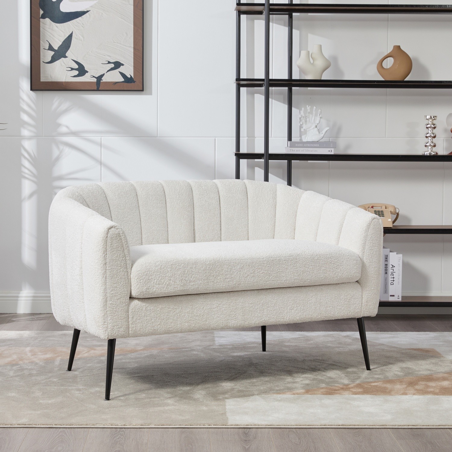 Modern Chenille Loveseat for Small Spaces Ivory Upholstered Sofa with Metal Legs