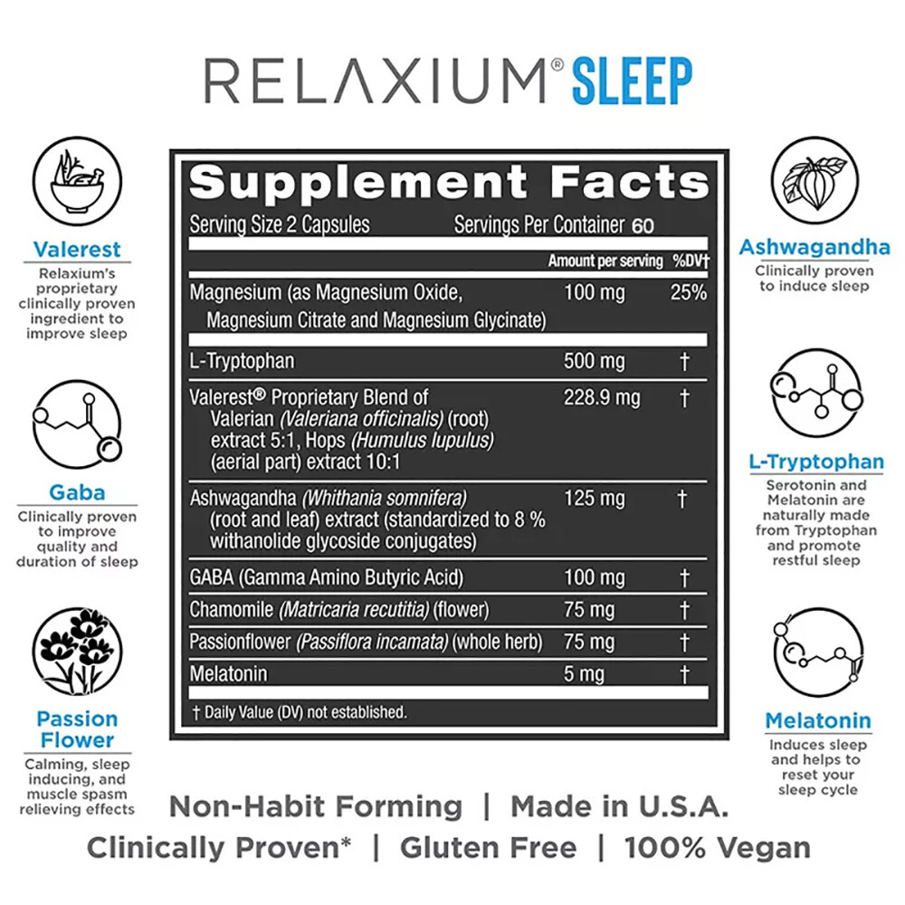 Relaxium Sleep Helps Relax Promote Natural Sleep Improve Concentration 60 Pills