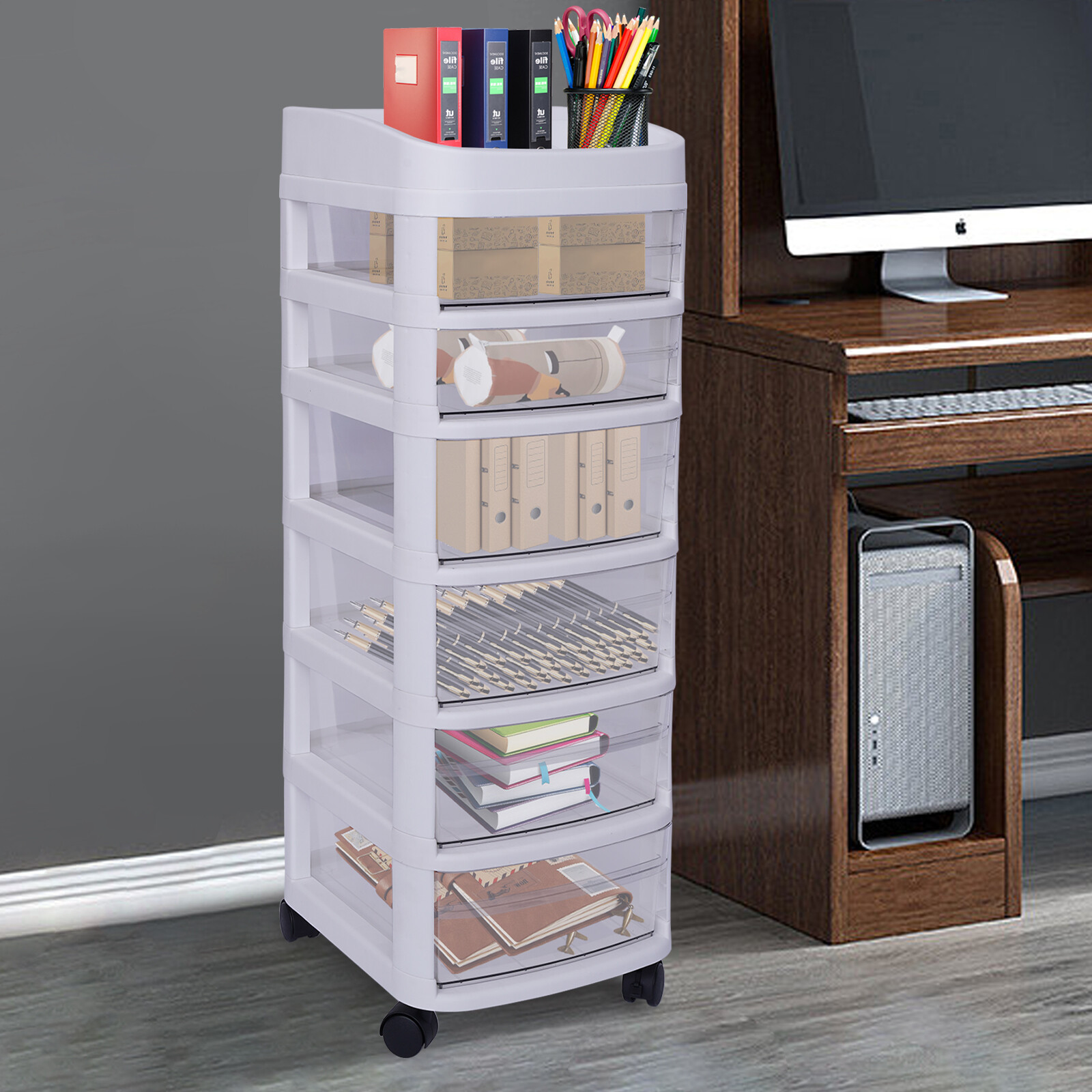 6-Drawer Organizer Plastic Rolling Storage Cart Whit Trolley Cabinet w/ Wheel]