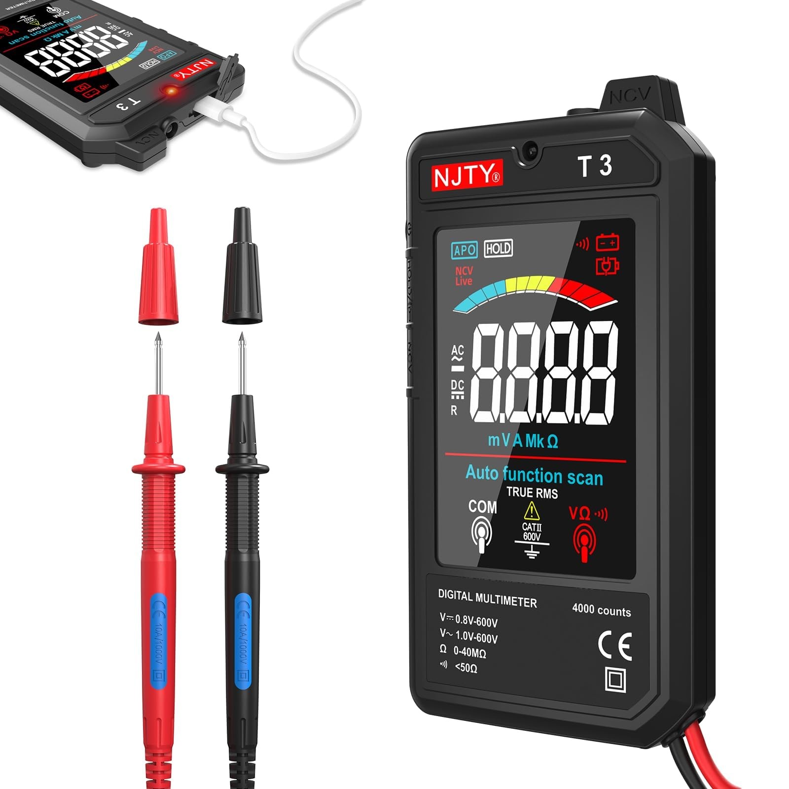 NJTY T3 Smart Digital Multimeter, Ultra-Thin Rechargeable Voltmeter Black