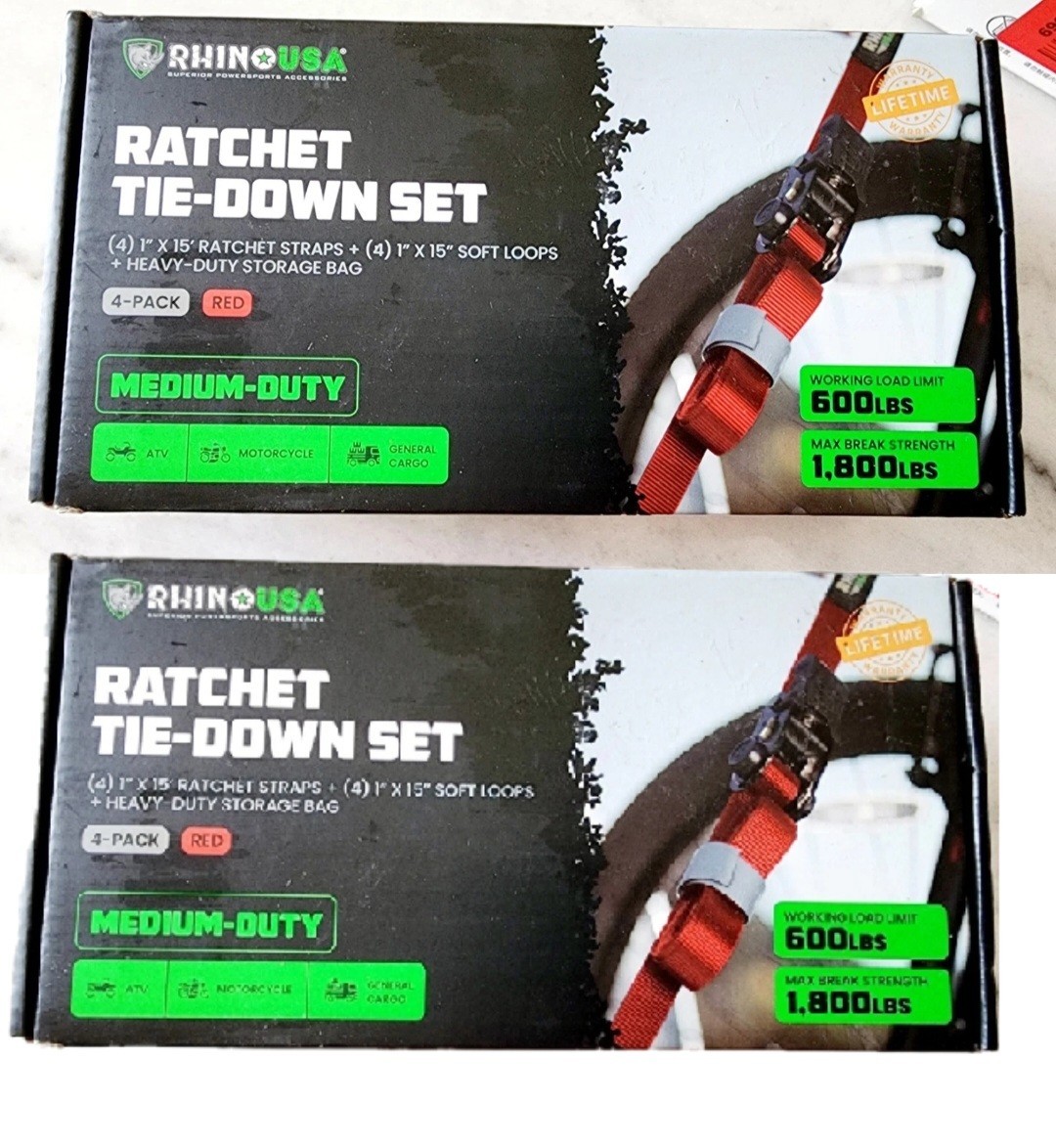 Lot Of 2 Rhino USA Medium-Duty Ratchet Tie-Down Set 4-Pack 1in x 15ft RCHT-4 RED