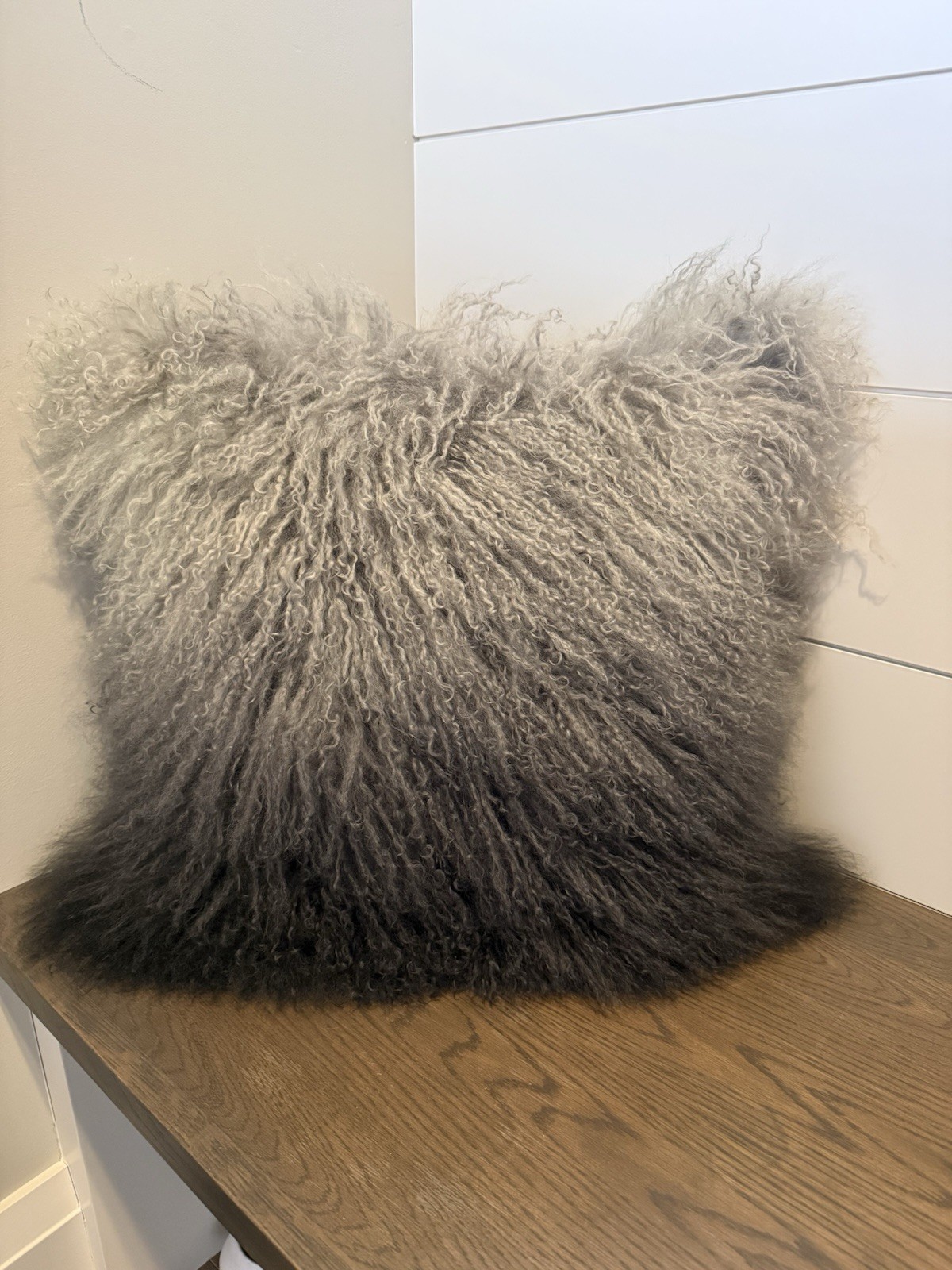 MICHAEL ARAM DECORATIVE ACCENT PILLOW DIP DYE SHEEPSKIN LAMB FUR CHARCOAL GRAY