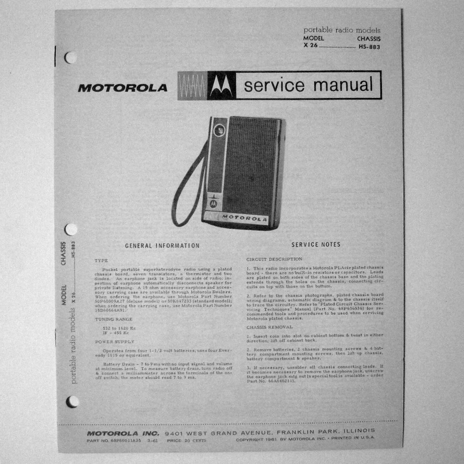 Motorola ® Model X26 Portable Transistor Radio Service Manual © 1961