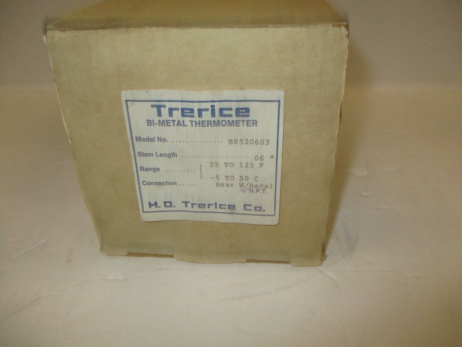 TRERICE BI-METAL THERMOMETER 25 TO 125 F 4" (NEW IN BOX)