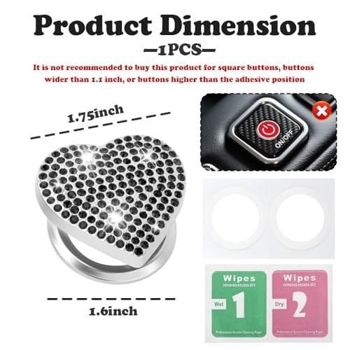 Bling Push Start Button Cover with Rhinestone,Heart Push to Start Button Black