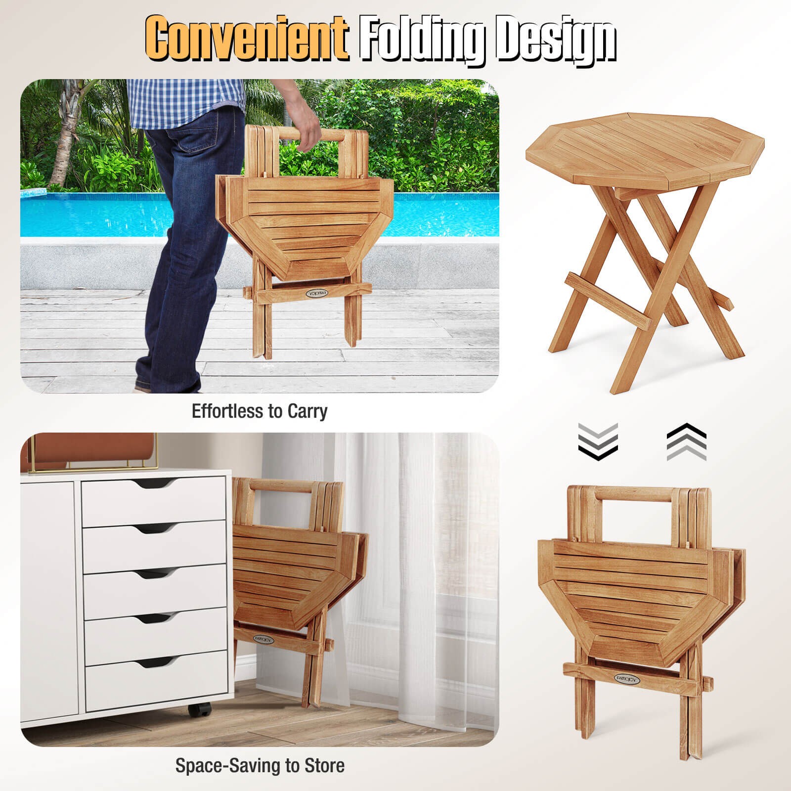 Patio Folding Side Table w/ X-shaped Legs & Slatted Tabletop for Backyard
