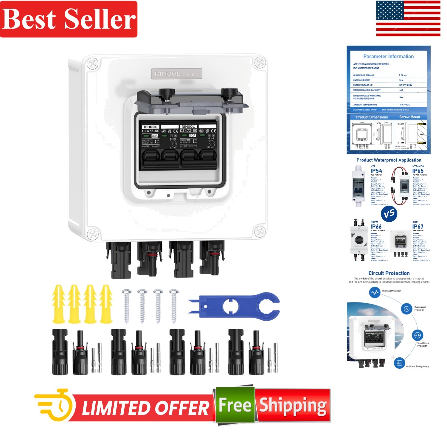Solar Panel Disconnect Switch 2 String 30 Amp DC Circuit Breaker Box Compatib...