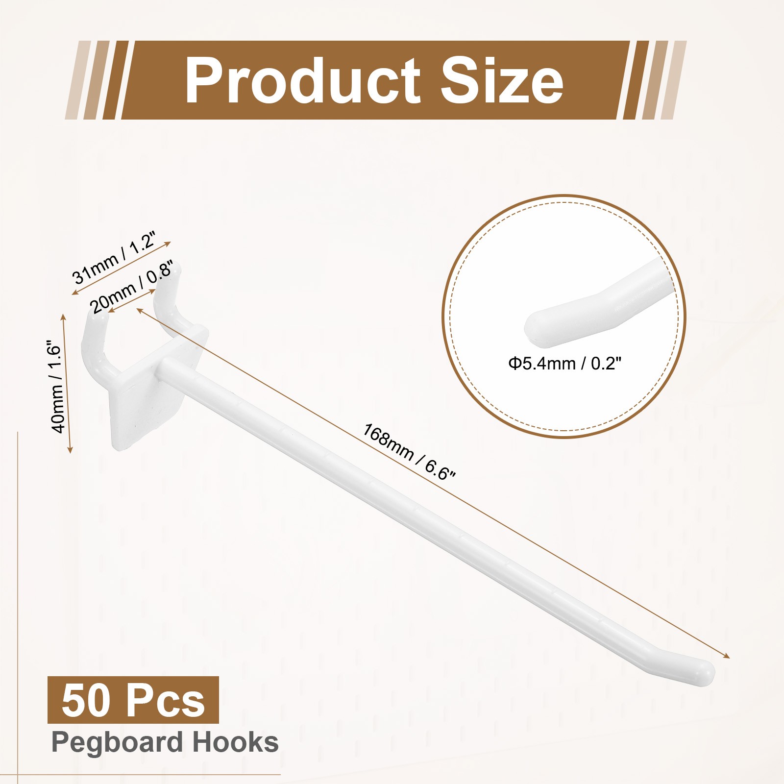 50 Pcs Pegboard Hooks, 6" Plastic Display Hooks for Craft Organization, White