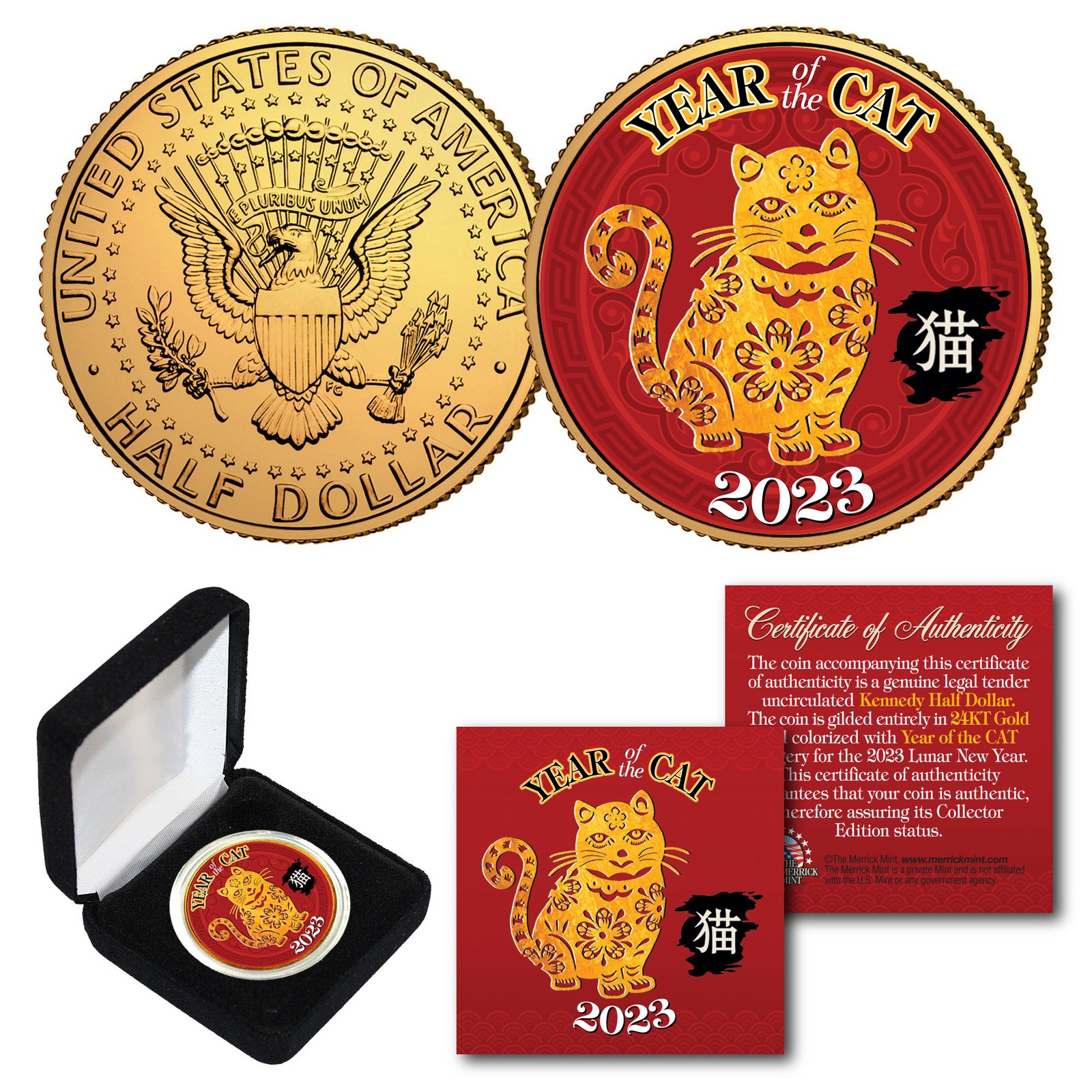 2023 Vietnamese Lunar New YEAR OF CAT 24K Gold Plated JFK Half Dollar Coin BOX