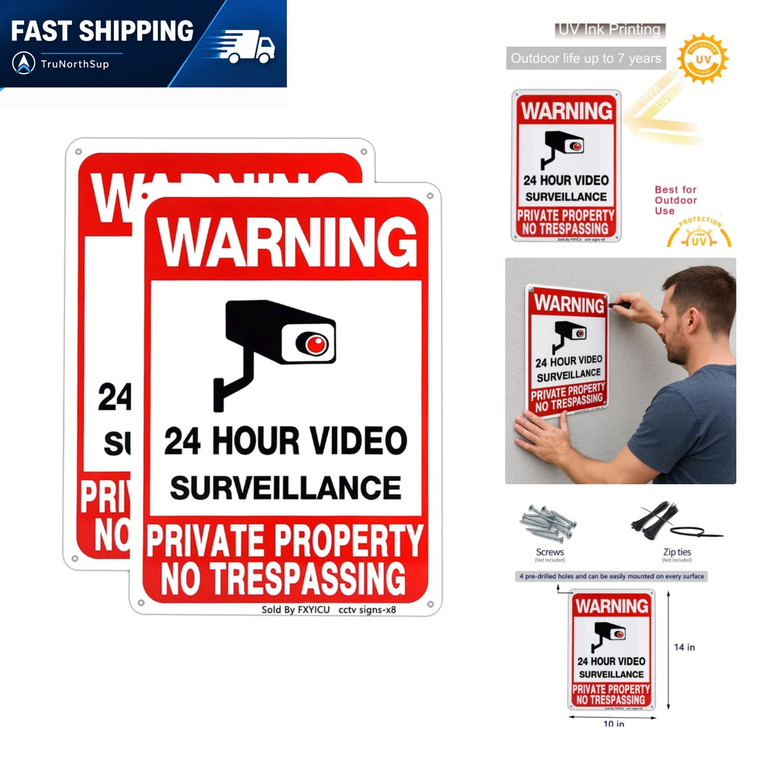 Security Camera Sign 2 Pack 10x14 Aluminum No Trespassing Private Property UV...