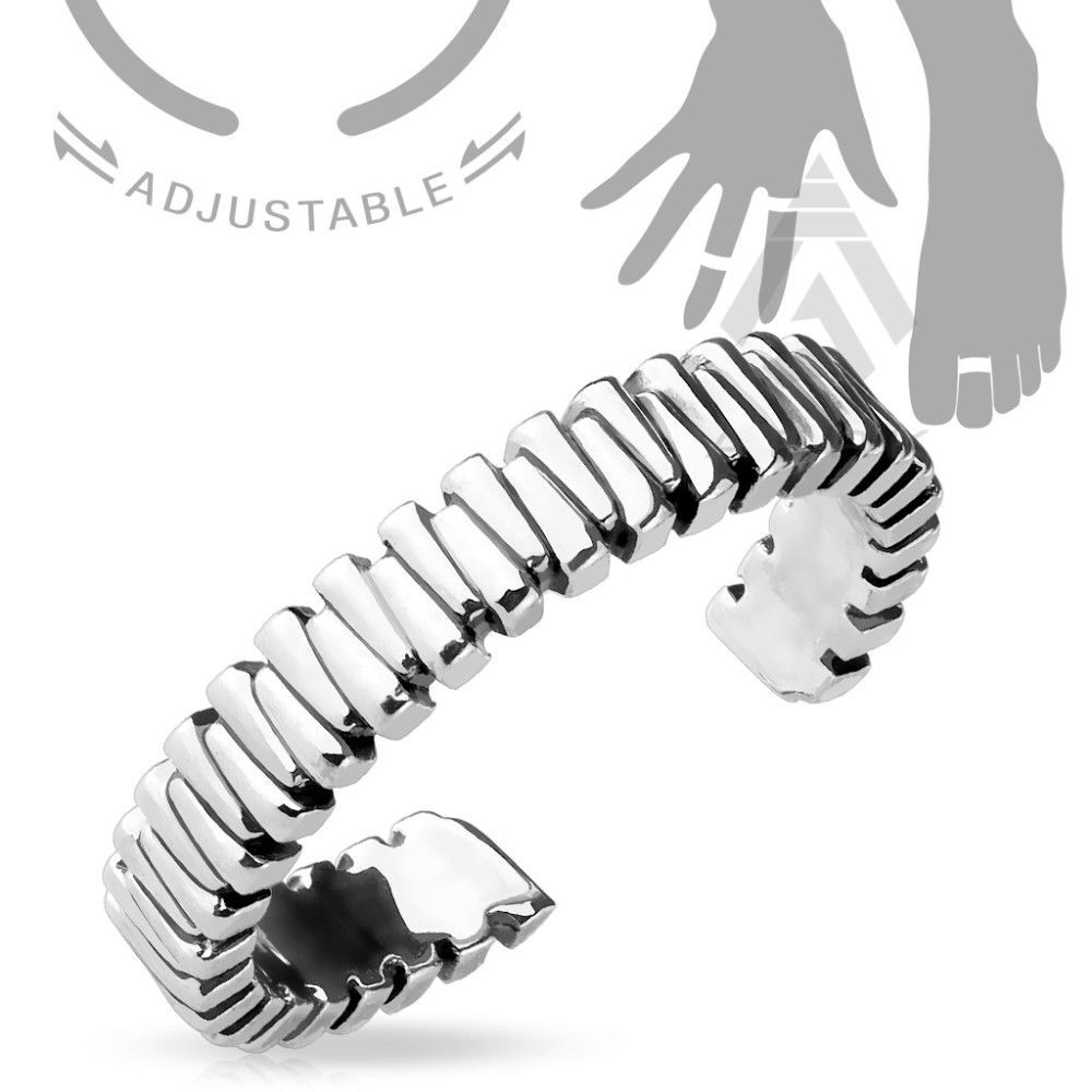 Toe Ring Silver Adjustable Mid-Ring Grooved Design Band Thumb Finger Stackable