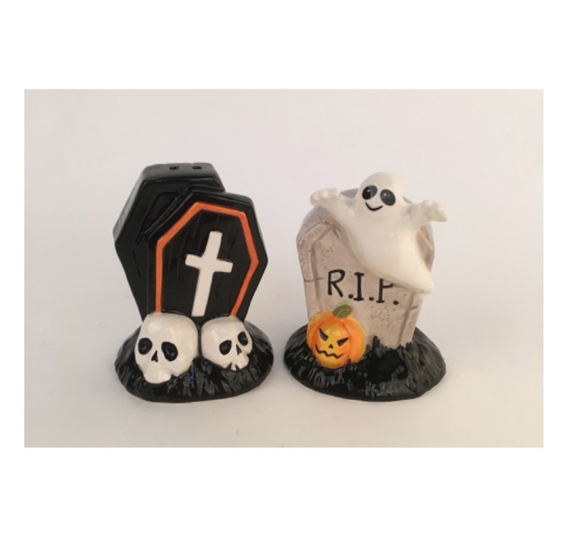 Halloween 21403 Coffin Skull Tombstone Ghost 3D Ceramic Salt Pepper Set Blue Sky