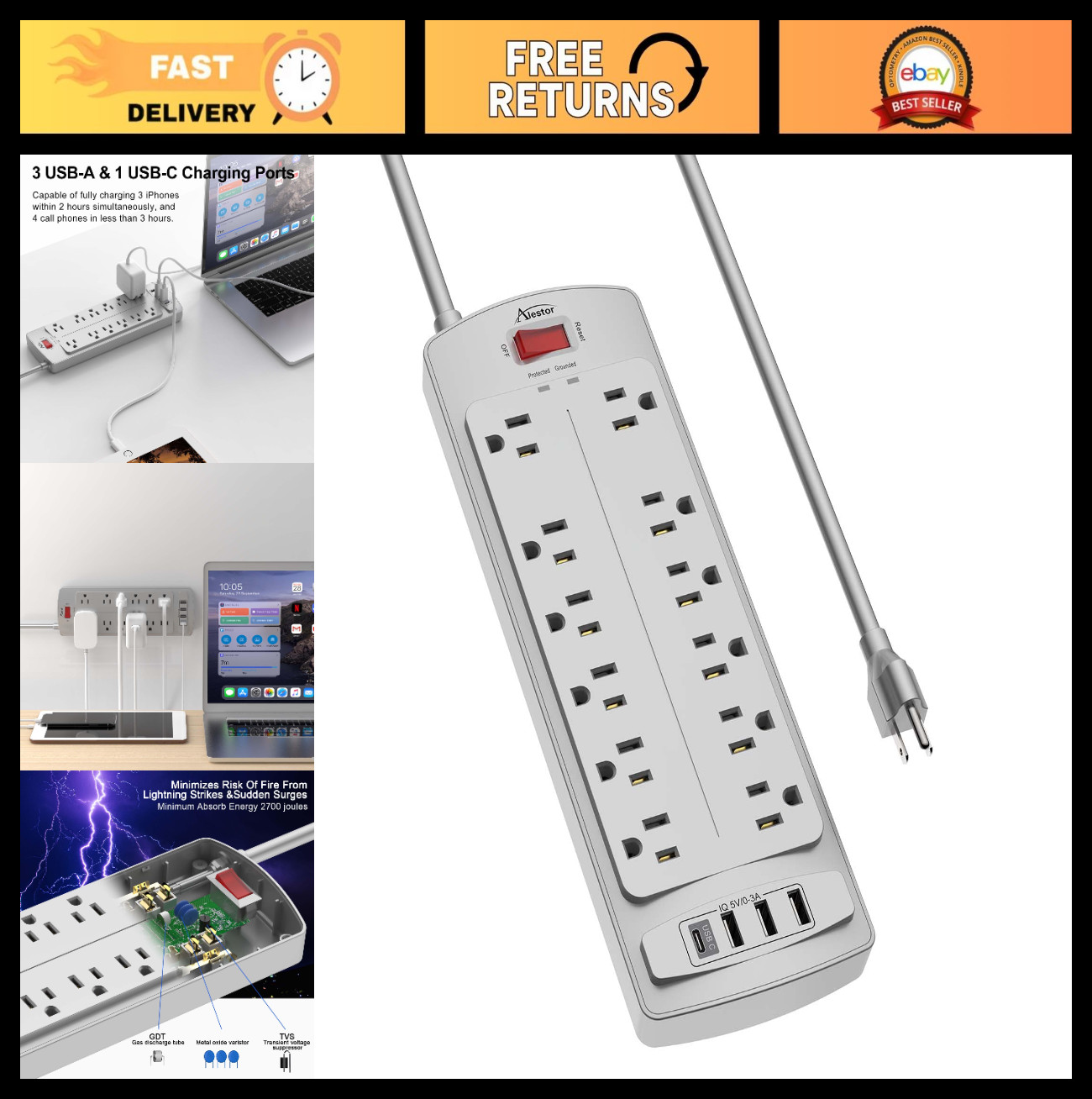 Surge Protector Power Strip with 12 Outlets, 4 USB Ports, 6ft Cord, 2700 Joules