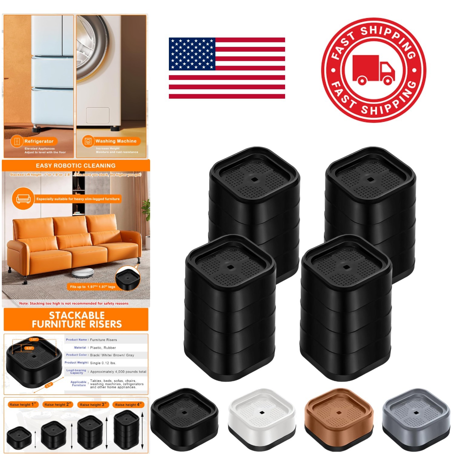 Heavy Duty Bed Risers 4 Inch Adjustable Square Furniture Lifts Black 4 Pack