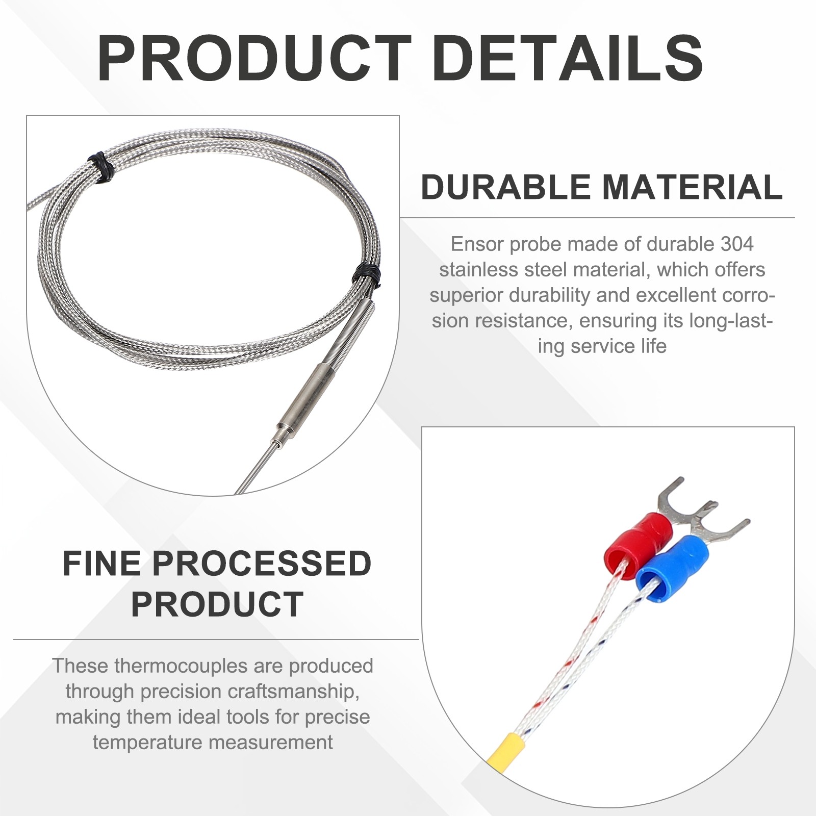 E Type Thermocouple Temperature Sensor Probe 2x100mm 9.8ft Wire 0-800°C