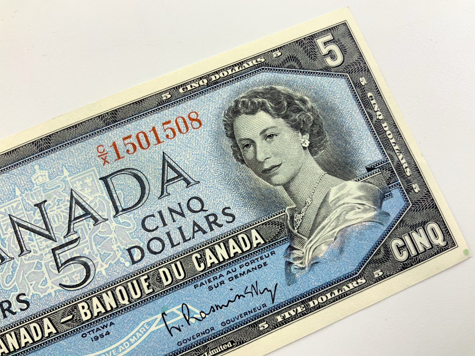 1954 Canada 5 Dollars Uncirculated Banknote CX Prefix Beattie Rasminsky JJ597