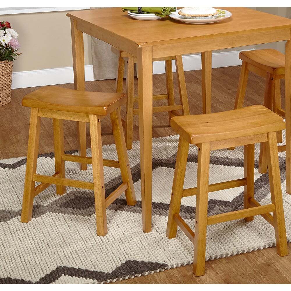 Oak Wooden Breakfast Dining Set Bistro Table Saddle Counter Stools Bar Kitchen