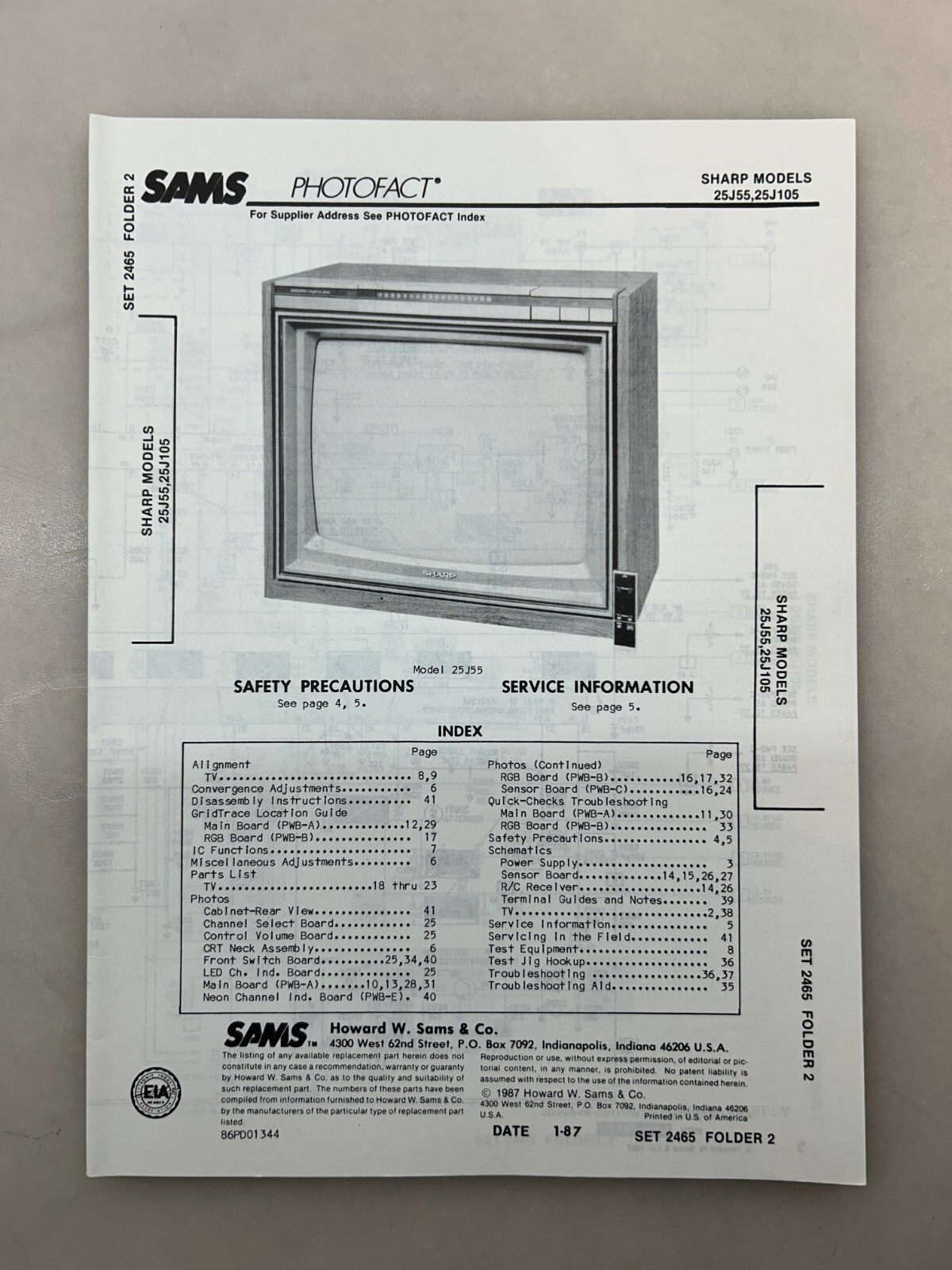 Sharp 25J55 25J105 Service Manual Sams Photofact Free Shipping