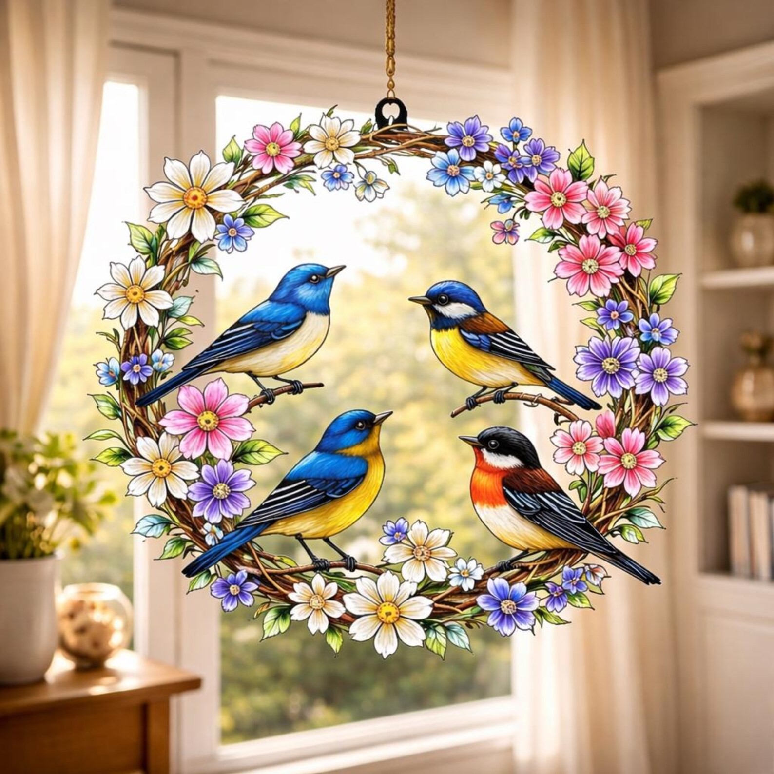 Spring Birds Floral Acrylic Suncatcher