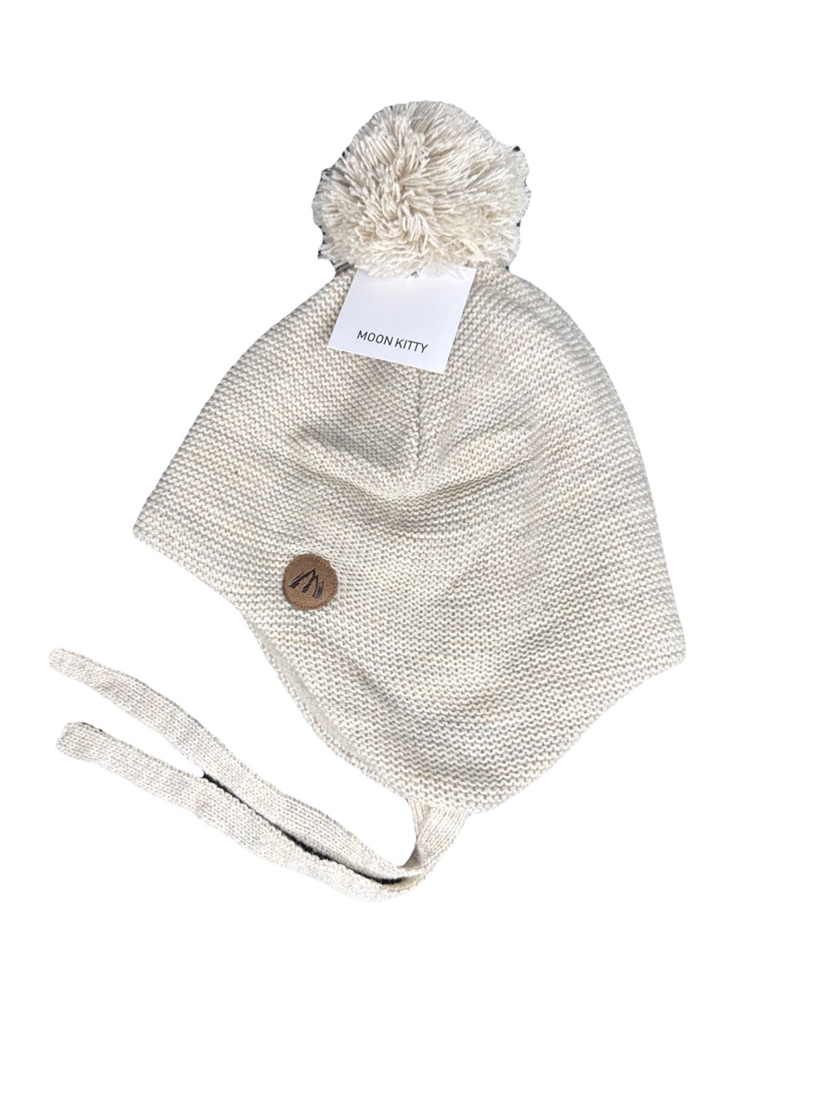 Moon Kitty Boy Beanie Beige With Ear Flaps And Pom Toboggan Hat Ages 1-3 New