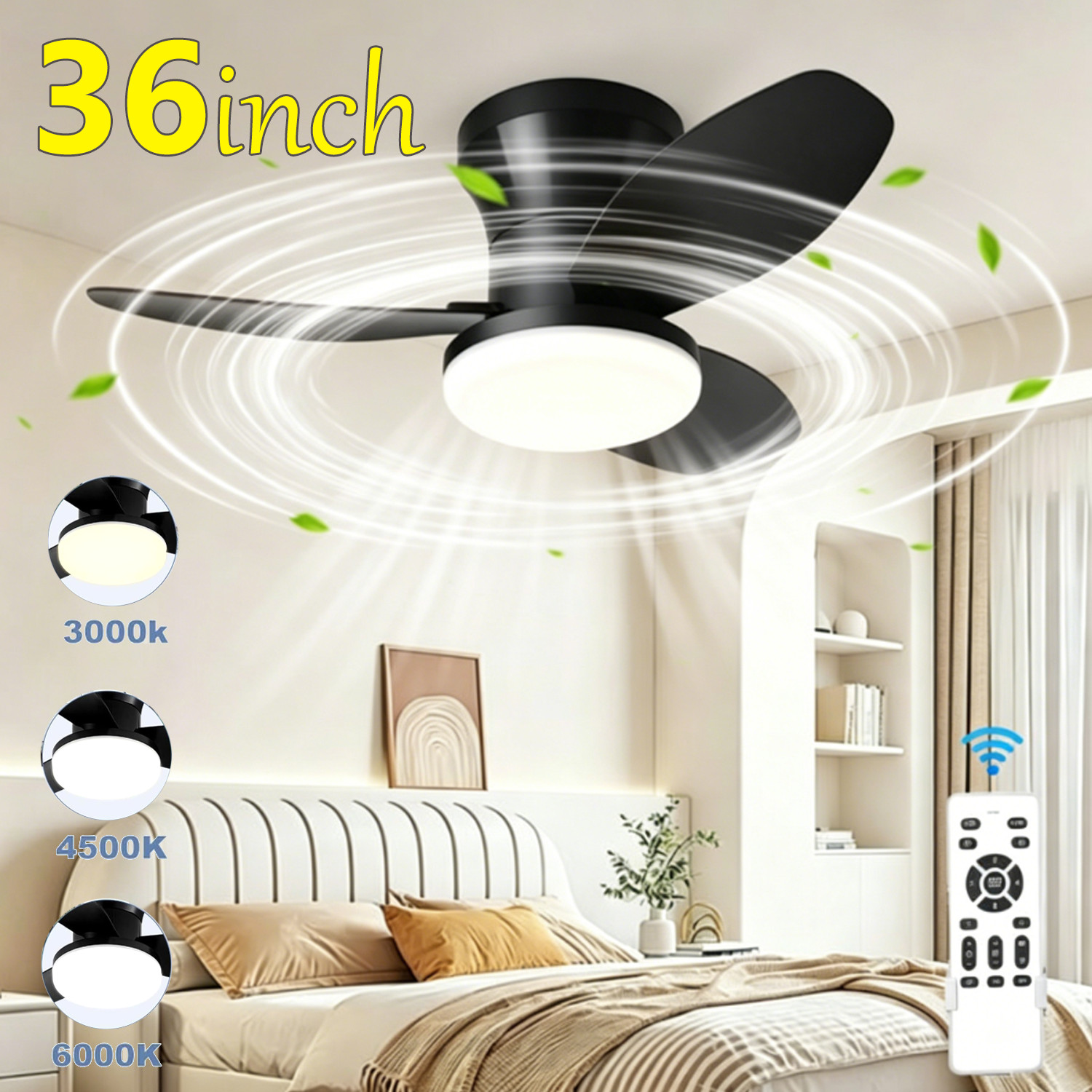 36 Inch Ceiling Fan with Light and Remote Small Low Profile Ceiling Fan Black