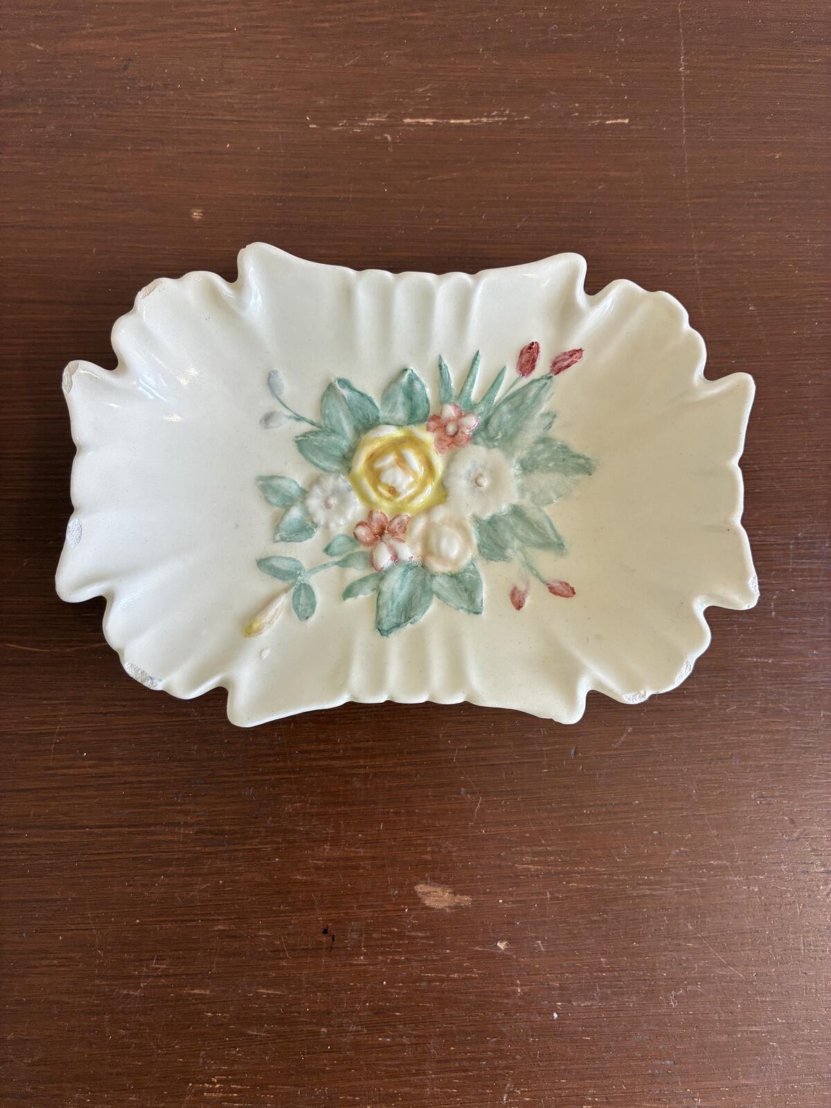 Vintage Ceramic Soap Dish Raised Yellow Rose Floral Scalloped Tray Vanity Decor