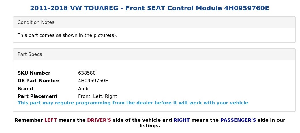 2011-2018 VW TOUAREG - Front SEAT Control Module 4H0959760E