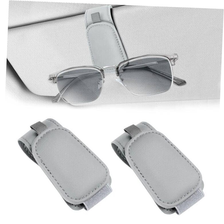 2 Pack Sunglass Holder Clip for Car Visor, Upgrade Magnetic Leather Visor Grey