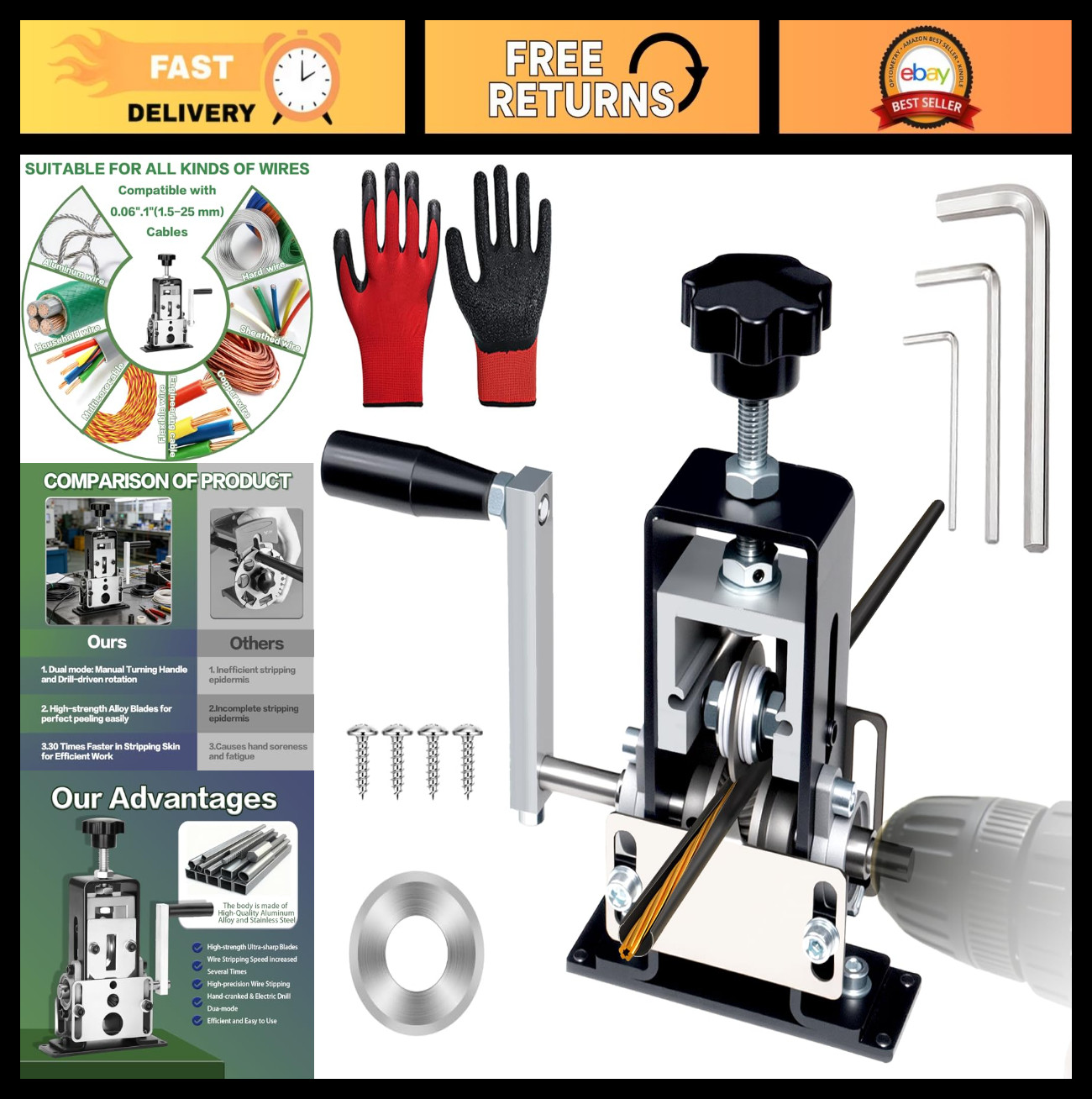 Manual Wire Stripping Machine - Drill Powered Copper Wire Peeler Tool 0.06-1
