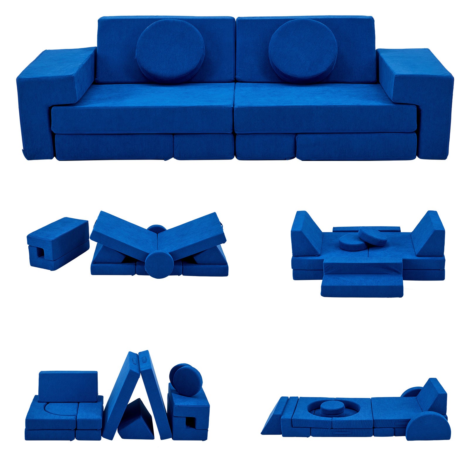 14-Piece Modular Kids Sofa All-Sponge Construction Blue Corduroy Free