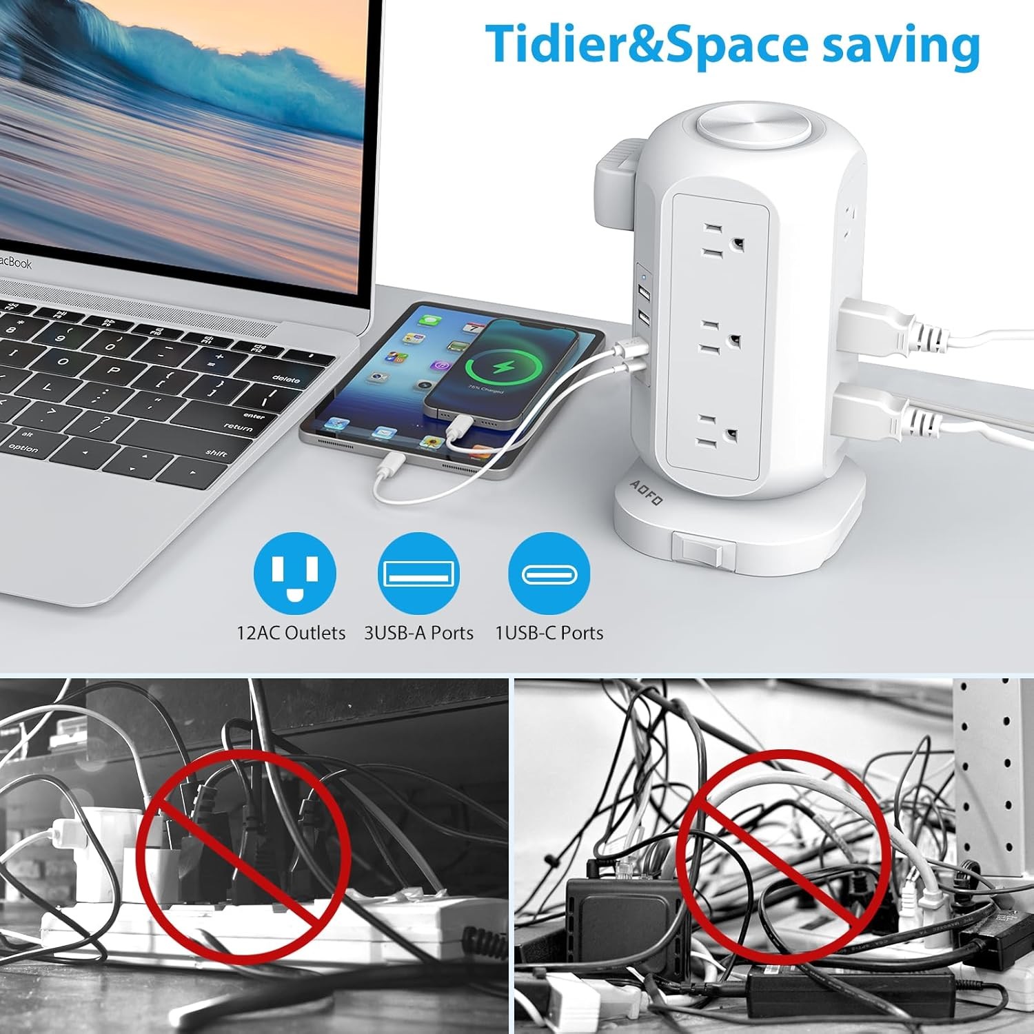 Tower Power Strip Flat Plug 12 Outlets 4 USB USB-C 10FT Surge Protector