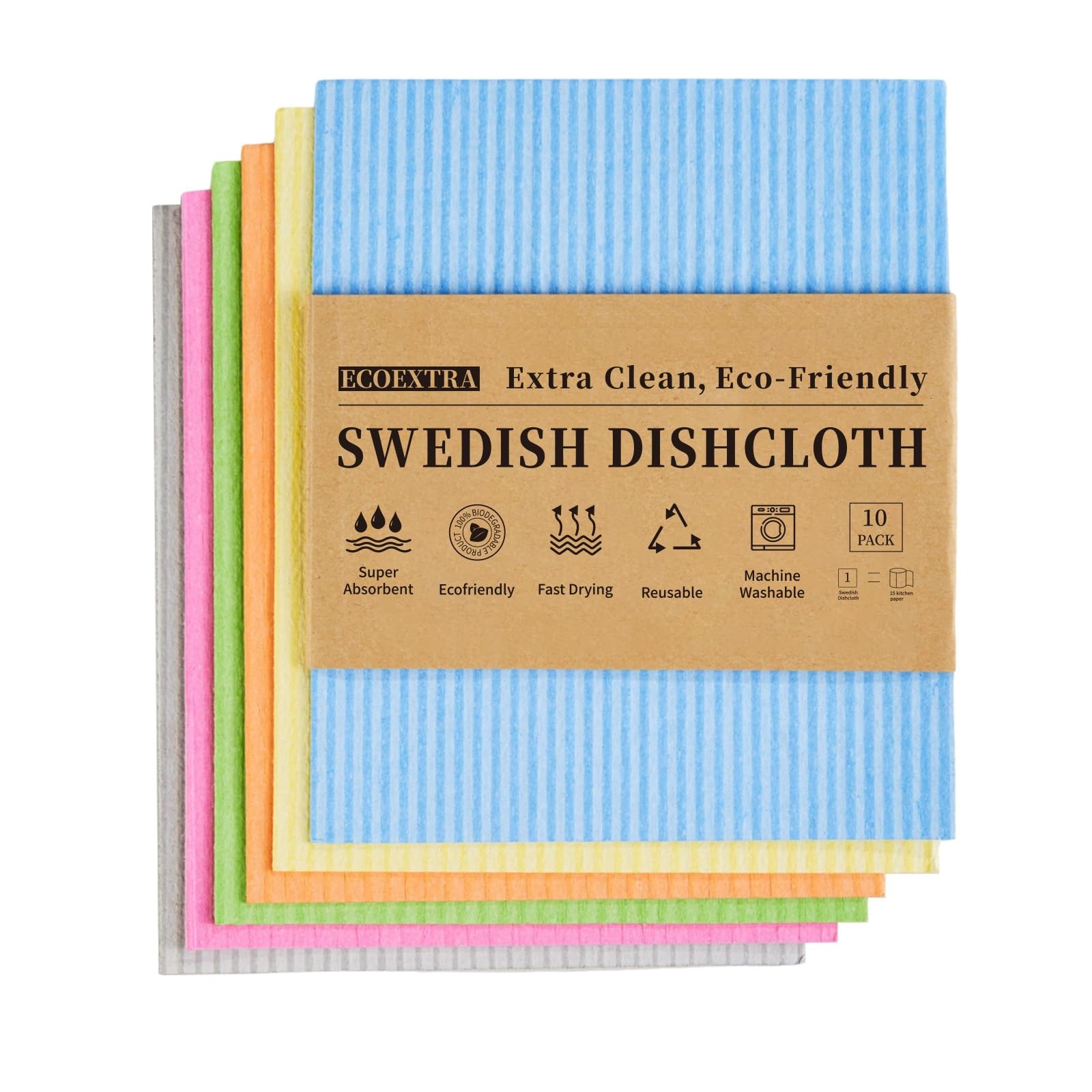 Swedish Dishcloths for Kitchen 10 Pack, Cellulose Sponge Cloths of Reusable D