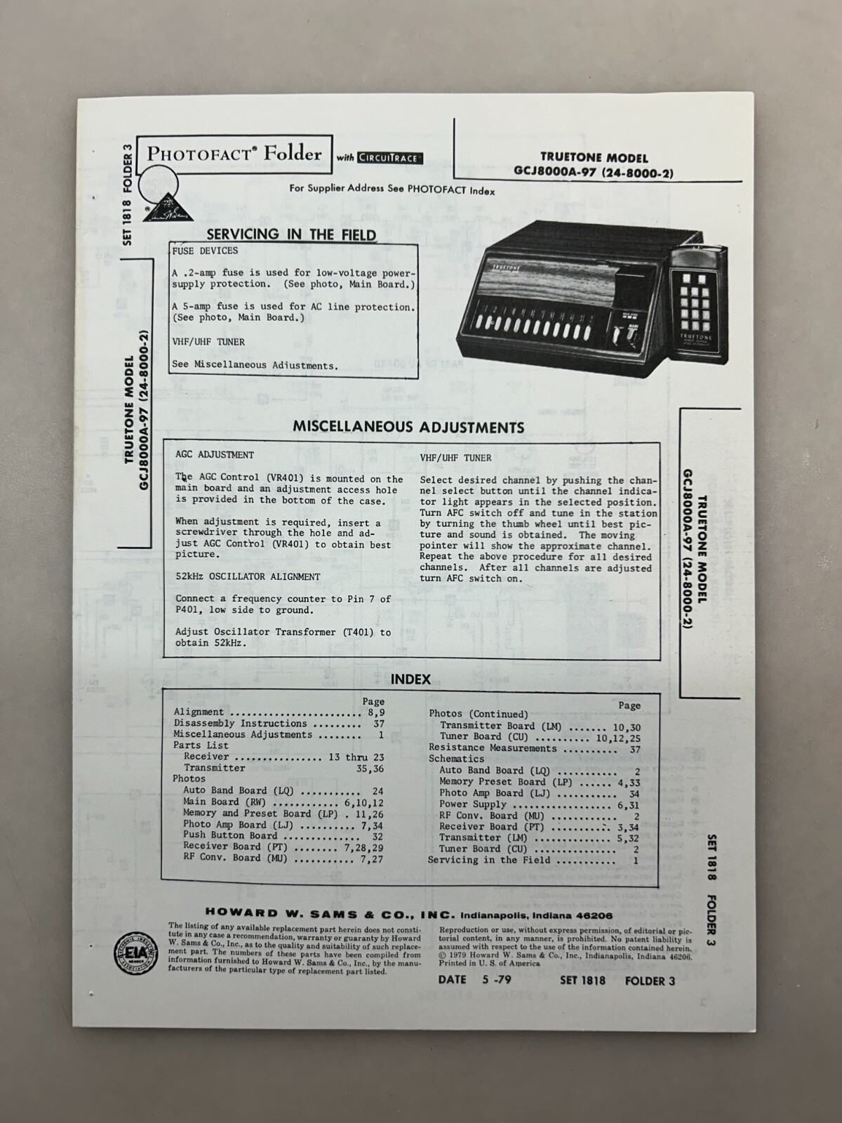 Truetone GCJ8000 Service Manual Sams Photofact Free Shipping