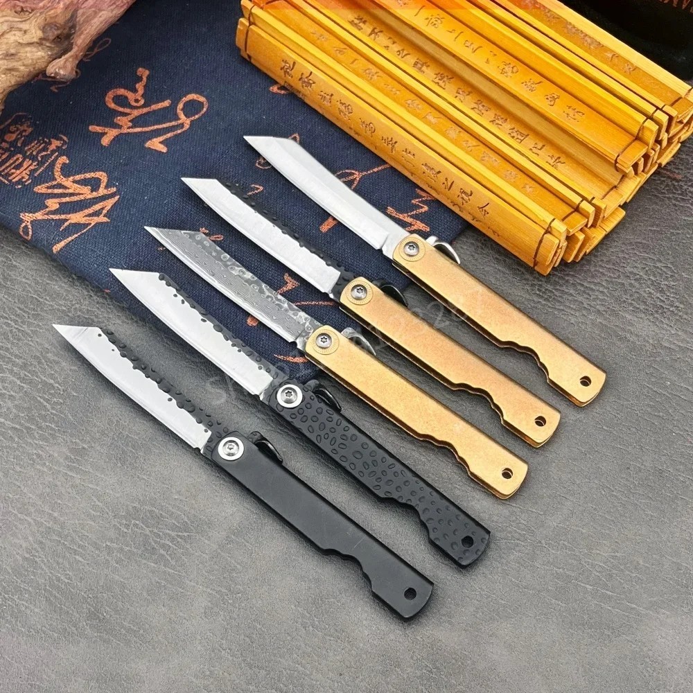 Japanese Folding Blade Knife Damascus Steel Blade Brass Steel Handle Pocket EDC