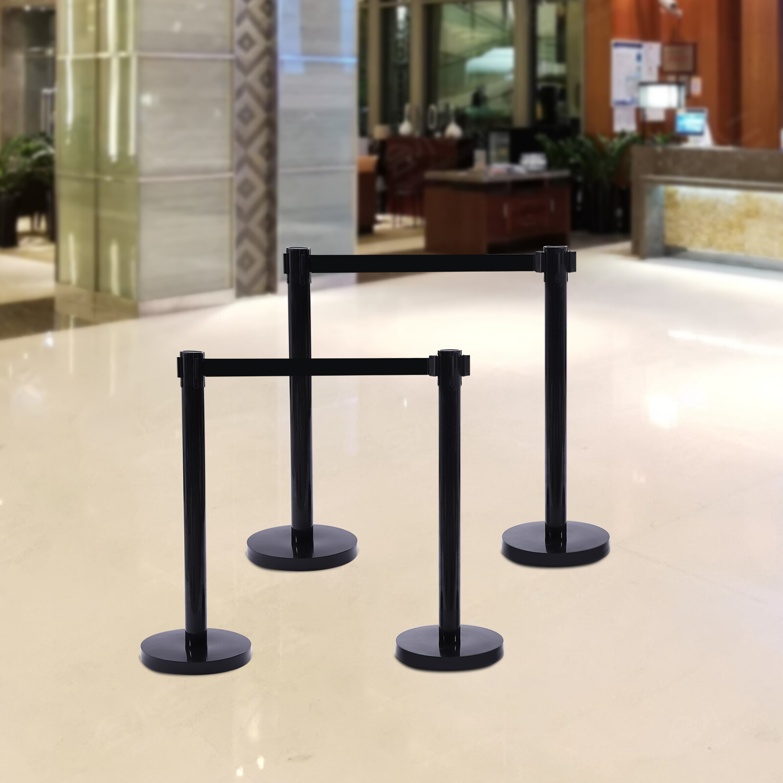 4Pcs Crowd Control Barrier Queue Poles Black Retractable Belt Stanchion Posts