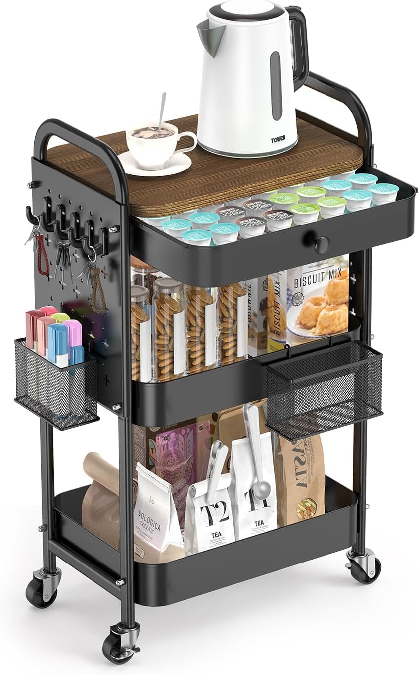 3 Tier Metal Rolling Cart with Drawer,Wood Top,Pegboards,Black | Storage Utility