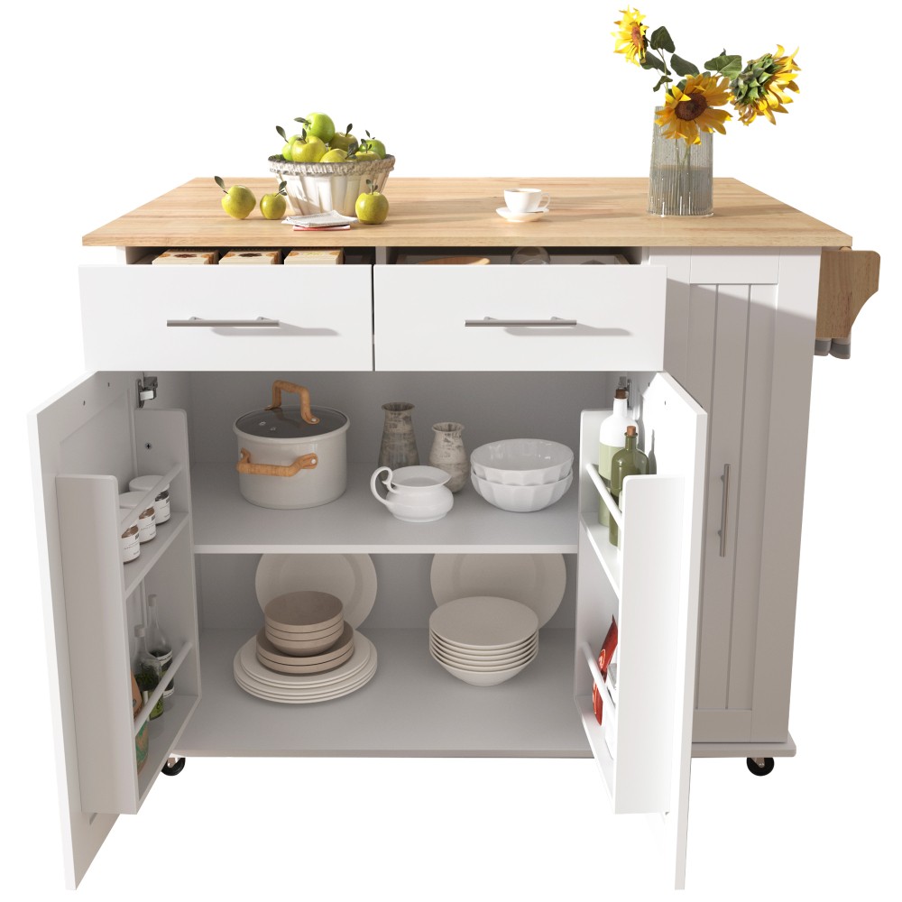 Kitchen Island with Drop Leaf with 3 Tier Pull Out Cabinet Organizer, White