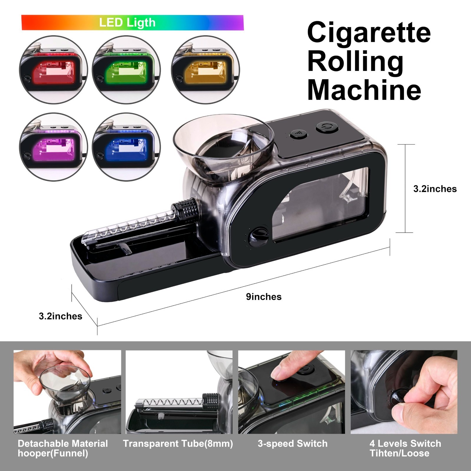 Electric Cone Rolling Machine Set with Manual Grinder, LED Light, Portable Tobac